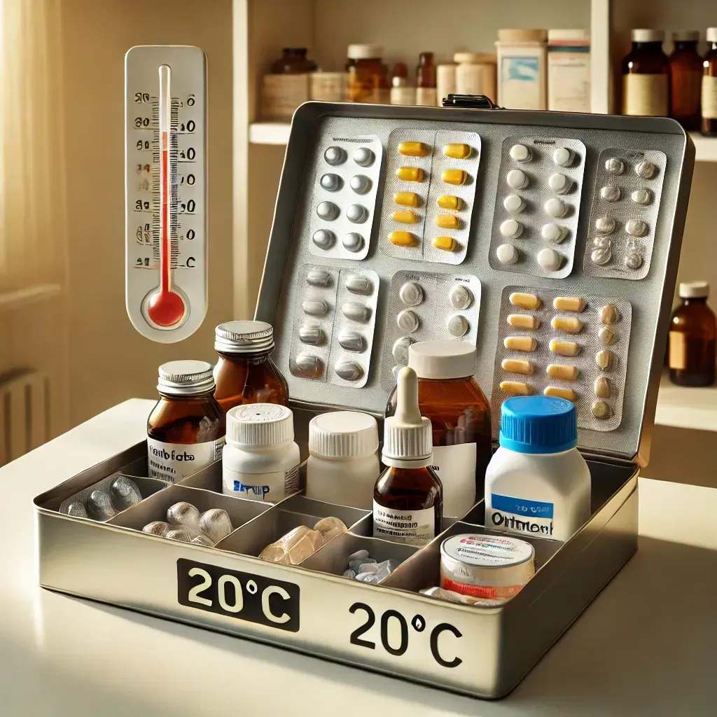 Boîte de rangement contenant divers médicaments conservés à température ambiante.