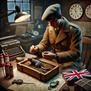 Agent du SOE préparant un rat piégé dans un atelier en 1941.