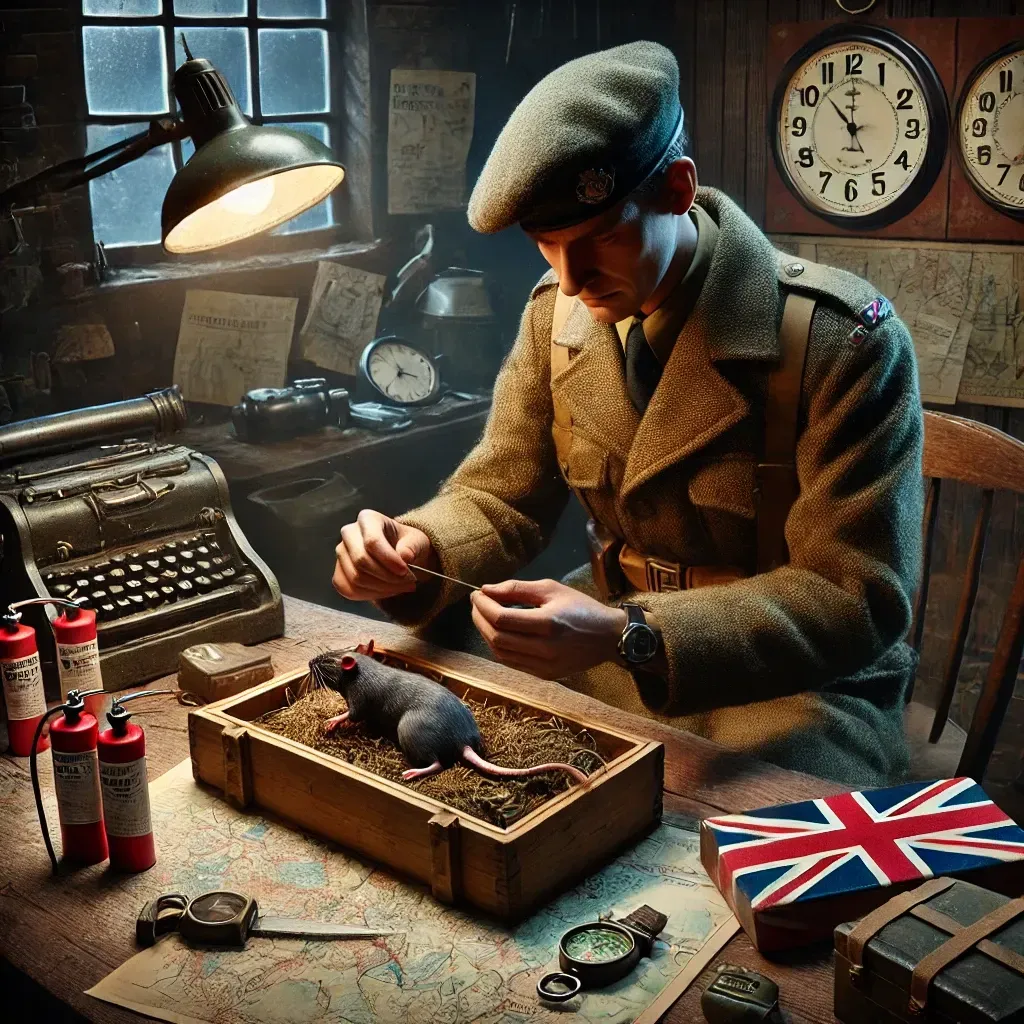 Agent du SOE préparant un rat piégé dans un atelier en 1941.