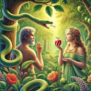 Adam et Ève dans le jardin d’Éden avec une pomme rouge et un serpent, symbolisant la tentation biblique.