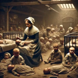 Une scène réaliste de baby farming en Angleterre victorienne avec des enfants négligés et une nourrice sévère.