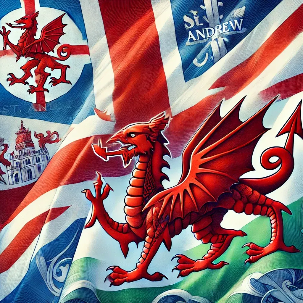 Illustration réaliste de l’Union Jack avec les croix de saint Georges, saint André, saint Patrick et un dragon gallois en arrière-plan.