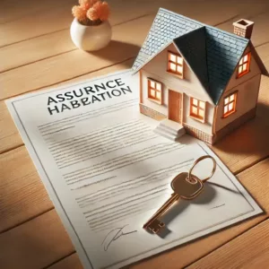 Une maison chaleureuse avec un contrat d’assurance habitation et des clés sur une table.