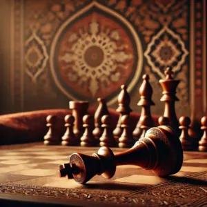 Échiquier avec un roi renversé, symbolisant l’échec et mat et ses origines persanes.