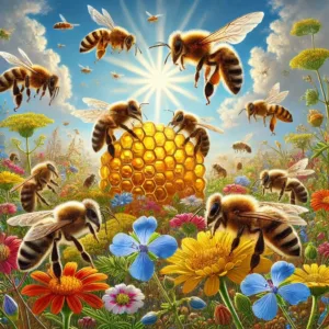 Diverses espèces d’abeilles, dont l’Apis mellifera et des abeilles solitaires, butinant des fleurs sous un ciel ensoleillé.