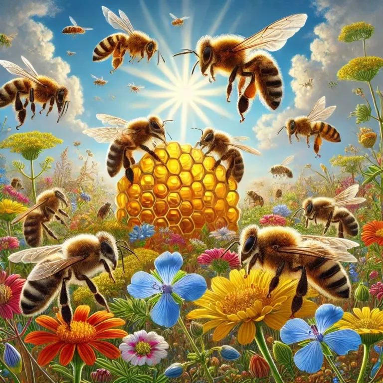 Diverses espèces d’abeilles, dont l’Apis mellifera et des abeilles solitaires, butinant des fleurs sous un ciel ensoleillé.