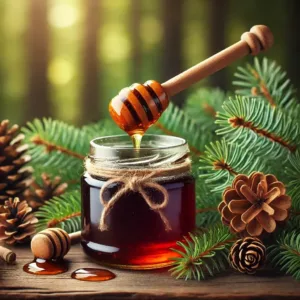 Pot de miel de sapin ambré avec une cuillère en bois et des cônes de sapin.