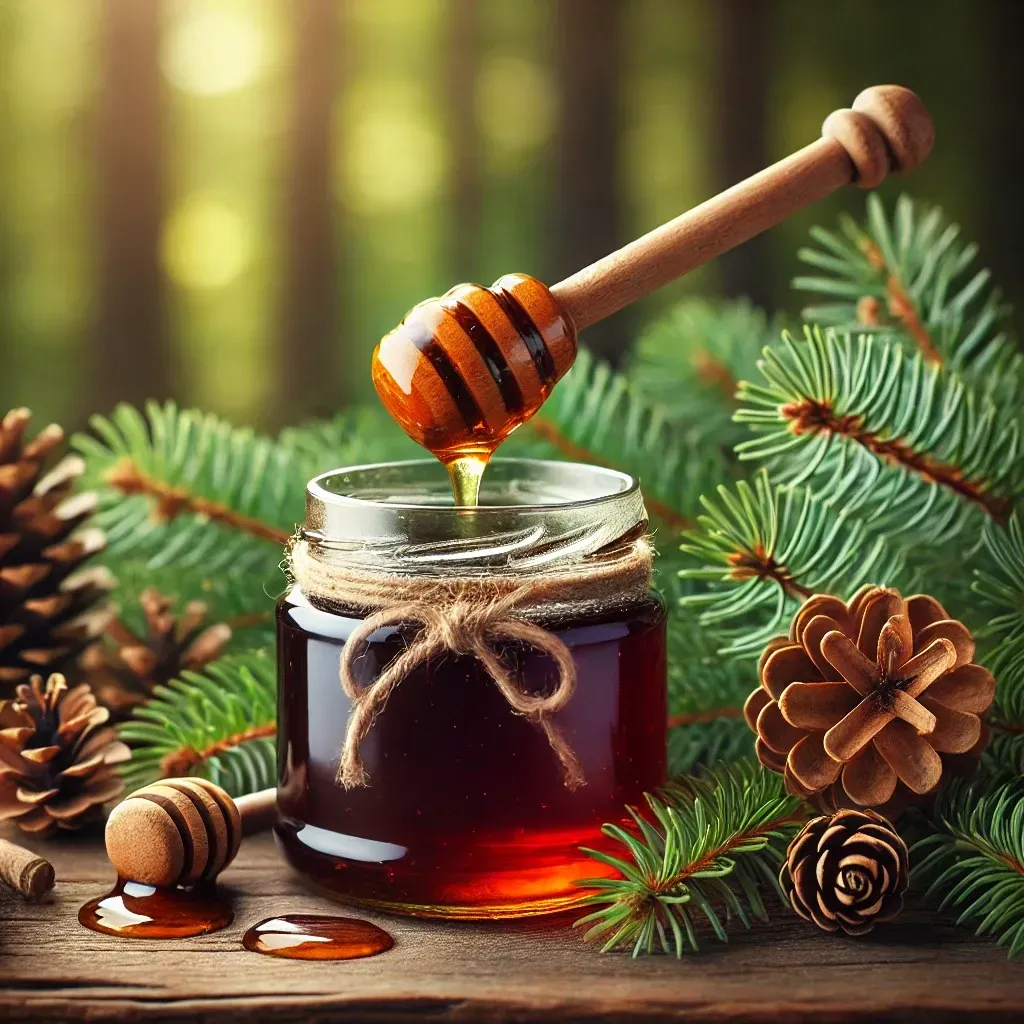 Pot de miel de sapin ambré avec une cuillère en bois et des cônes de sapin.