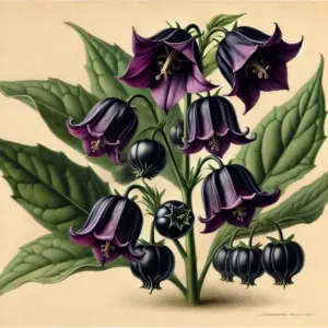 Illustration botanique de la belladone avec ses fleurs violettes en cloche et ses baies noires brillantes.