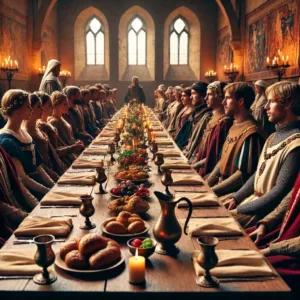 Banquet médiéval avec convives en tenue d’époque, illustrant l’étiquette à table sans coudes posés.