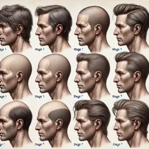 Illustration des 7 stades de l’échelle de Norwood, montrant l’évolution de la calvitie masculine.