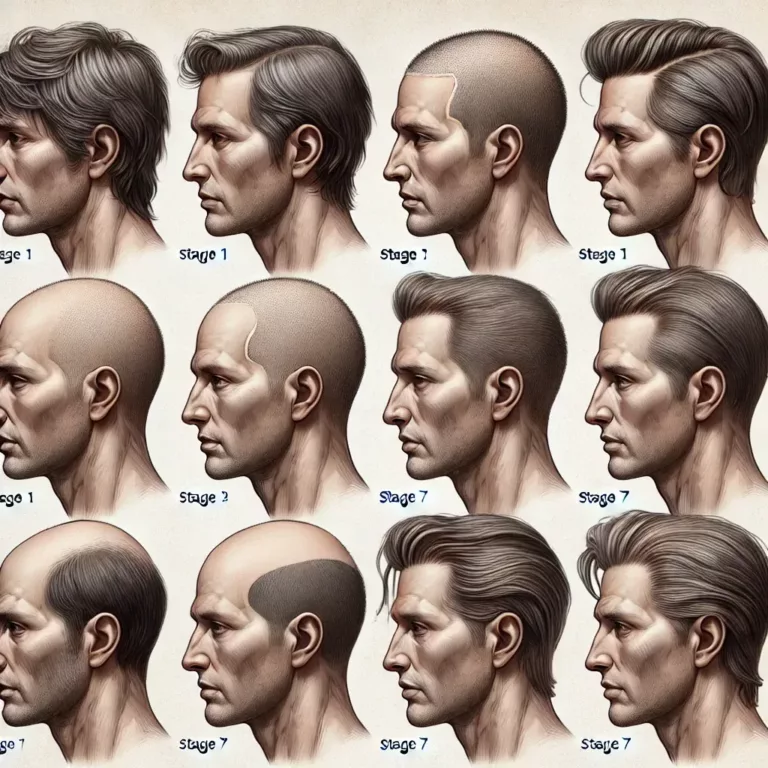 Illustration des 7 stades de l’échelle de Norwood, montrant l’évolution de la calvitie masculine.