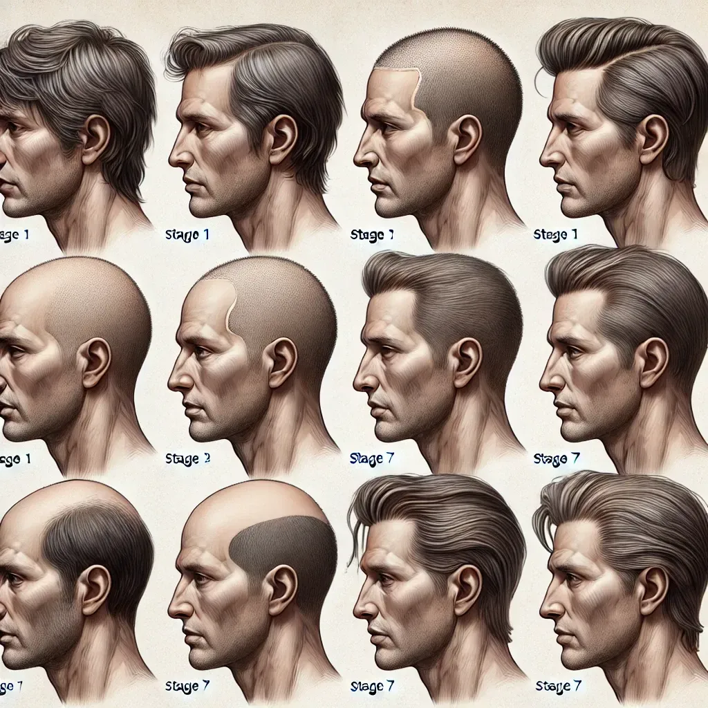 Illustration des 7 stades de l’échelle de Norwood, montrant l’évolution de la calvitie masculine.