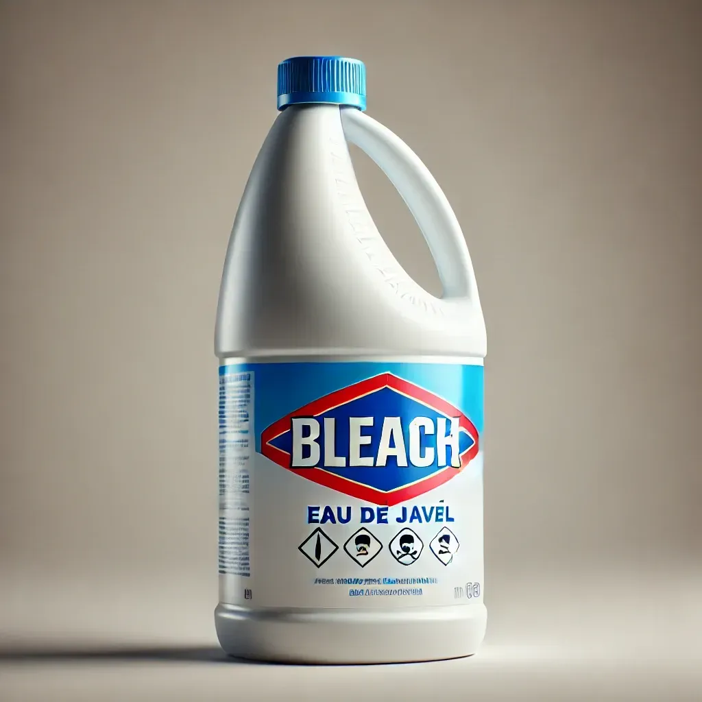 Bouteille d’eau de Javel avec pictogrammes de sécurité.
