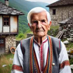 Femme albanaise âgée en tenue masculine traditionnelle, représentant une vierge jurée devant une maison en pierre des Balkans.