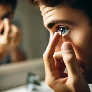 Personne insérant une lentille de contact dans son œil devant un miroir, avec une technique correcte et des mains propres.