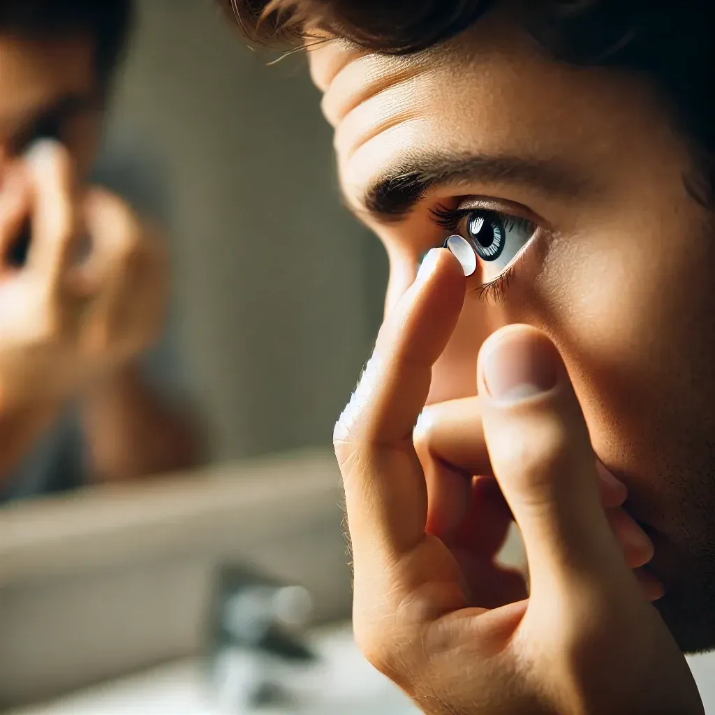 Personne insérant une lentille de contact dans son œil devant un miroir, avec une technique correcte et des mains propres.