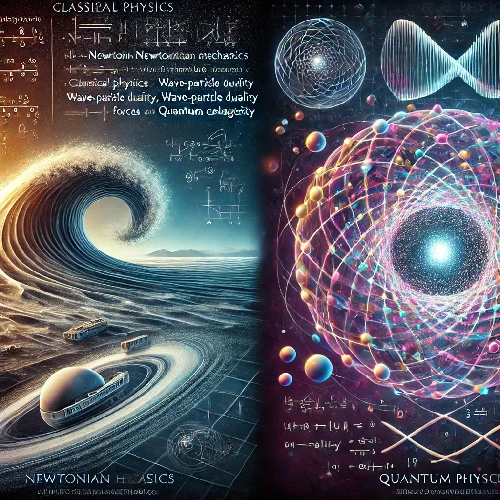 Illustration comparant la physique classique et la physique quantique.