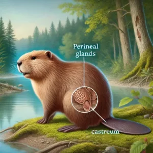 Un castor dans son habitat naturel près d’une rivière, illustrant l’origine du castoréum, une substance utilisée autrefois en parfumerie et alimentation.