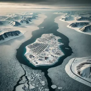 Vue aérienne des îles Diomède dans le détroit de Béring, séparées par la glace et la mer gelée.