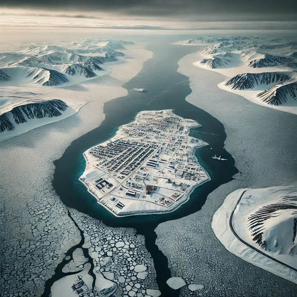 Vue aérienne des îles Diomède dans le détroit de Béring, séparées par la glace et la mer gelée.