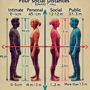 Illustration des quatre distances sociales selon Edward T. Hall : intime, personnel, social et public.