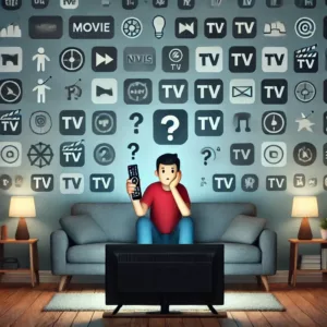 Personne indécise devant un écran avec trop de choix de films et séries.