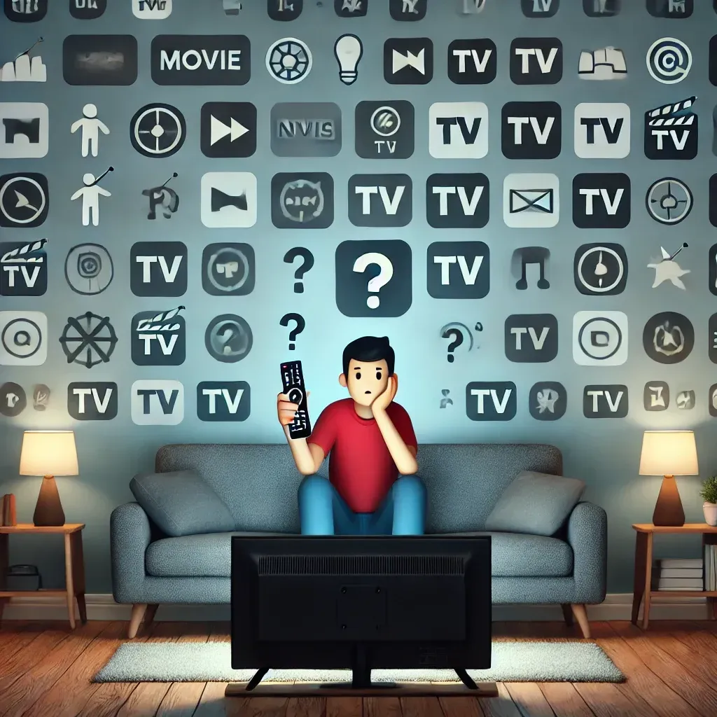 Personne indécise devant un écran avec trop de choix de films et séries.