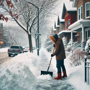 Une personne déneige un trottoir dans un quartier résidentiel enneigé. Elle utilise une pelle à neige pour dégager le passage.