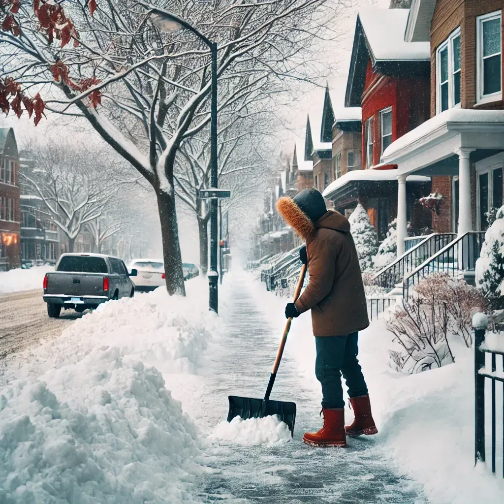 Une personne déneige un trottoir dans un quartier résidentiel enneigé. Elle utilise une pelle à neige pour dégager le passage.