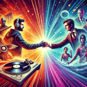 Illustration représentant le concept de mashup et crossover. À gauche, un DJ mixe deux morceaux sur une platine, illustrant un mashup musical. À droite, deux personnages fictifs de différents univers se serrent la main, symbolisant un crossover.