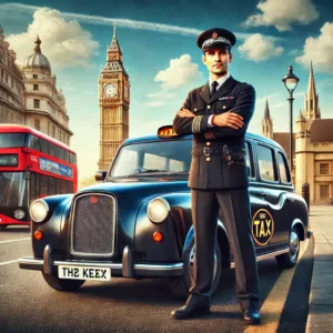 Taxi noir londonien avec un chauffeur professionnel devant Big Ben.