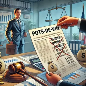 Illustration d’un bureau d’entreprise avec un document indiquant "Pots-de-vin" barré, symbolisant la réforme fiscale de 2000 contre la corruption.