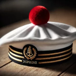 Béret de marin français avec son pompon rouge distinctif, posé sur une table en bois.