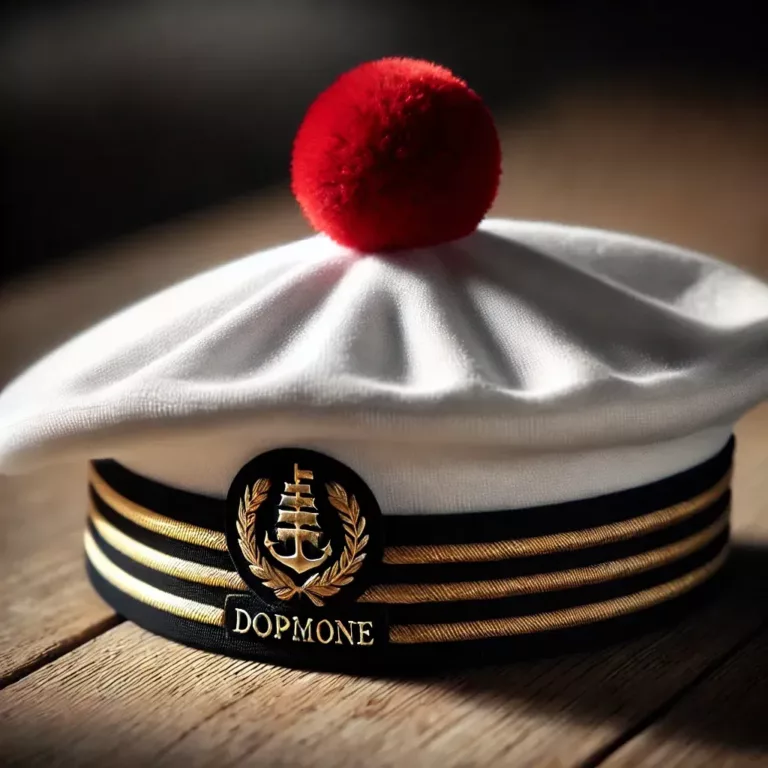 Béret de marin français avec son pompon rouge distinctif, posé sur une table en bois.