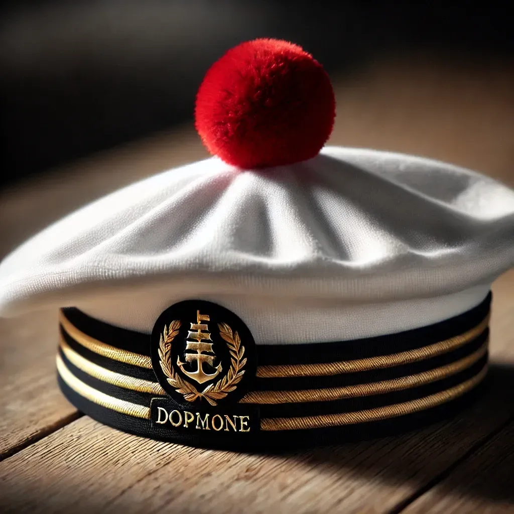 Béret de marin français avec son pompon rouge distinctif, posé sur une table en bois.