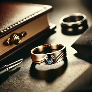 Bague de fiançailles pour homme en or avec une pierre précieuse sur une surface élégante.