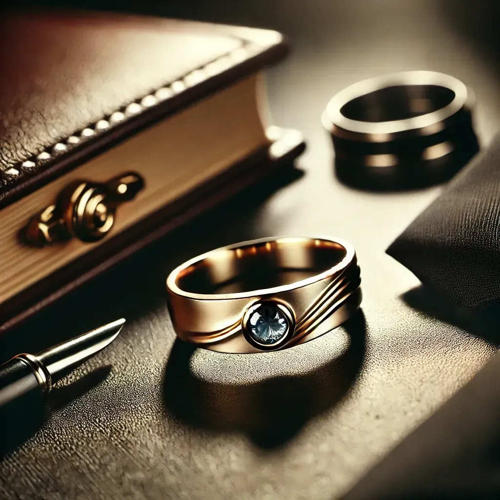 Bague de fiançailles pour homme en or avec une pierre précieuse sur une surface élégante.