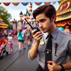 Un employé de Disney utilisant discrètement une radio pour communiquer un code secret.