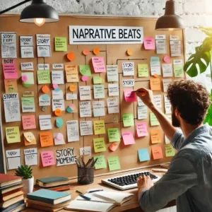Un auteur organise les beats narratifs sur un tableau de planification avec des notes colorées.
