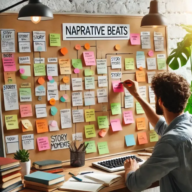 Un auteur organise les beats narratifs sur un tableau de planification avec des notes colorées.