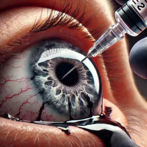 Œil humain en gros plan avec un tatouage scléral, montrant l’injection d’encre sous la conjonctive.