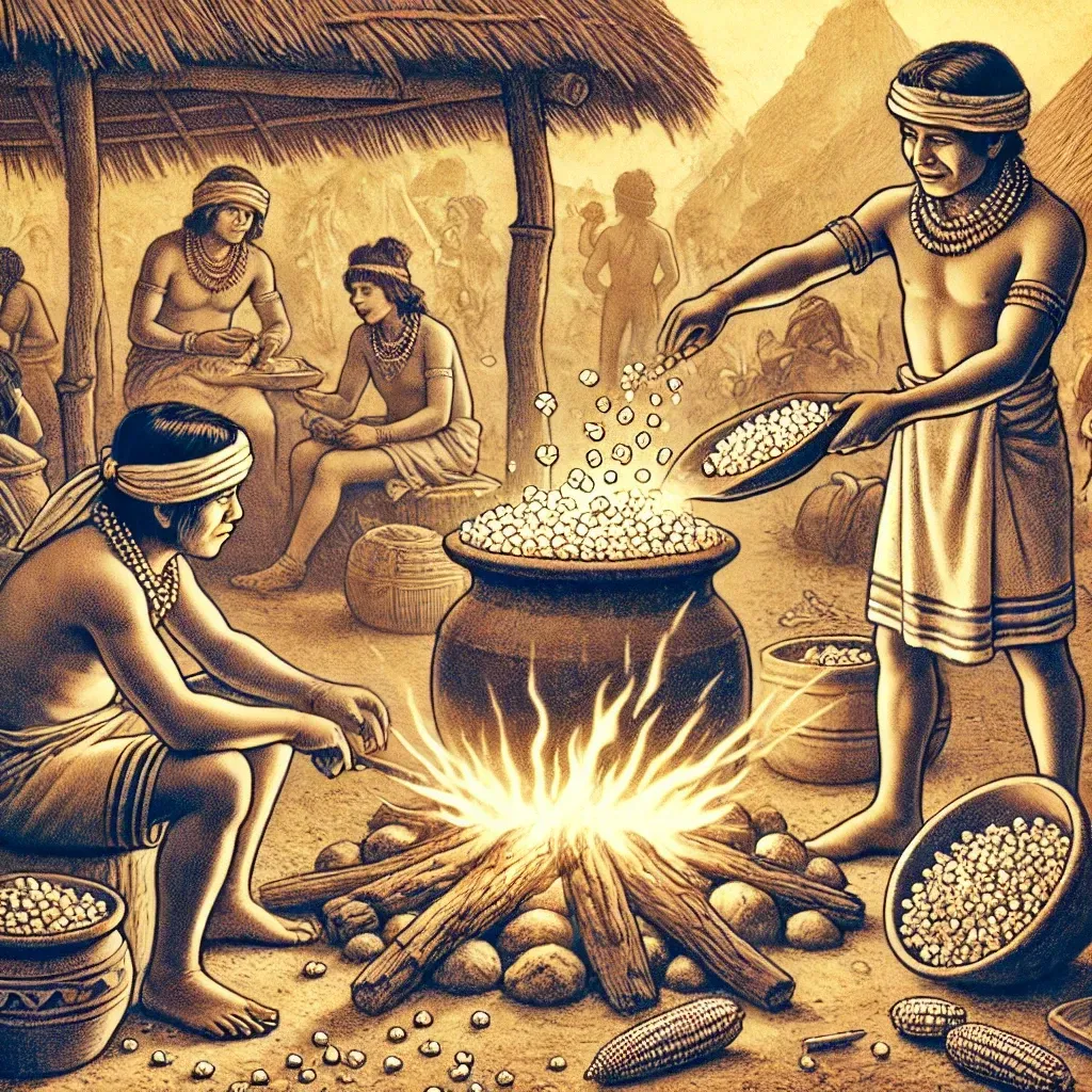 Illustration de l’origine du pop-corn avec des civilisations précolombiennes faisant éclater du maïs sur un feu traditionnel.