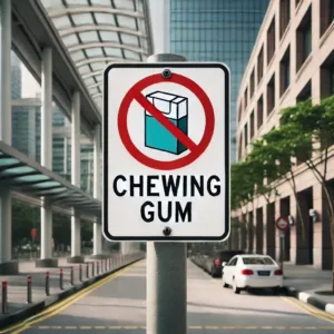 Panneau d'interdiction du chewing-gum dans une rue propre de Singapour.
