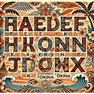 Illustration artistique de l’alphabet hawaïen avec ses 13 lettres, ornée de motifs traditionnels polynésiens sur un fond tropical.