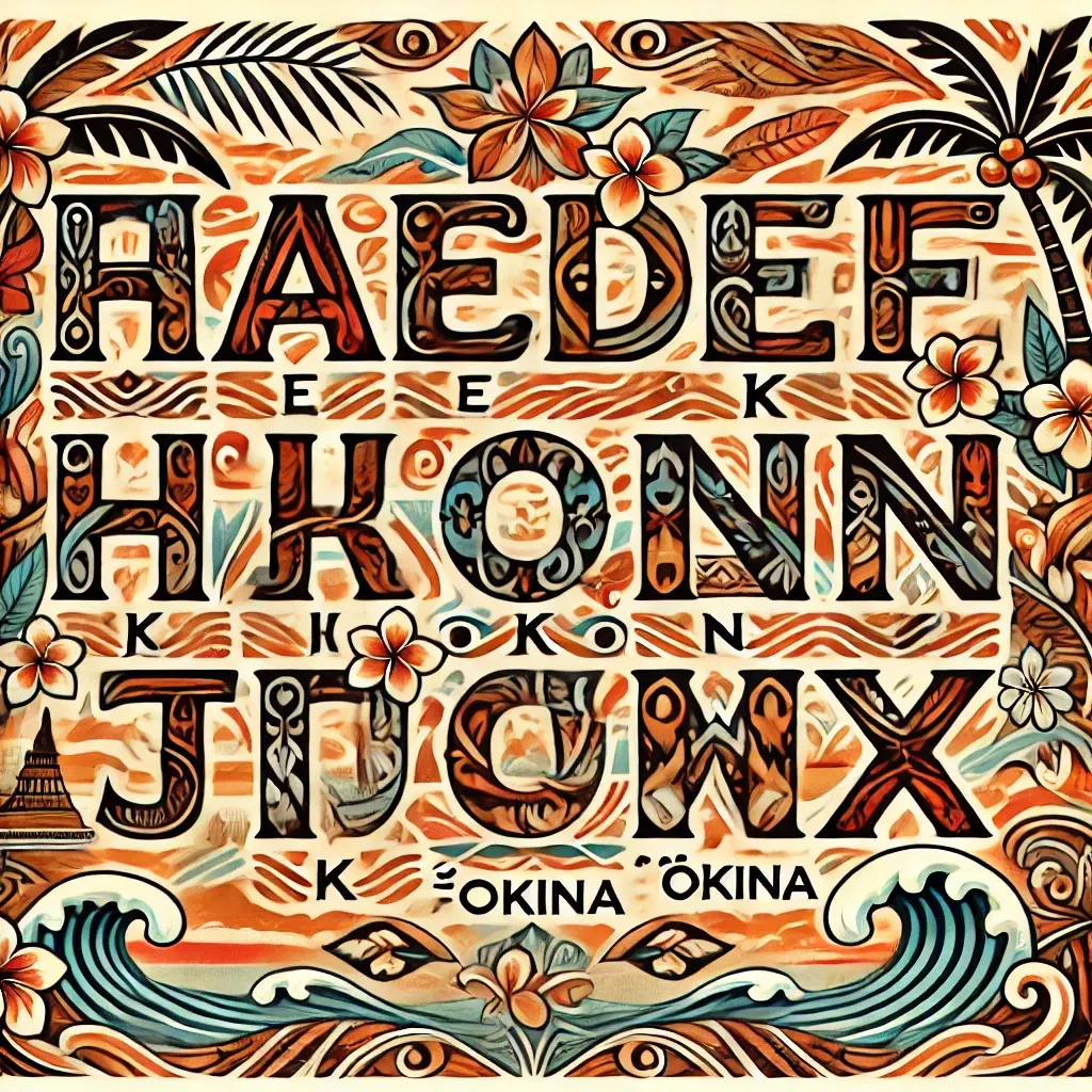 Illustration artistique de l’alphabet hawaïen avec ses 13 lettres, ornée de motifs traditionnels polynésiens sur un fond tropical.