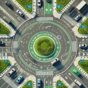 Vue aérienne d’un rond-point avec des véhicules en mouvement, marquages au sol et panneaux de signalisation.