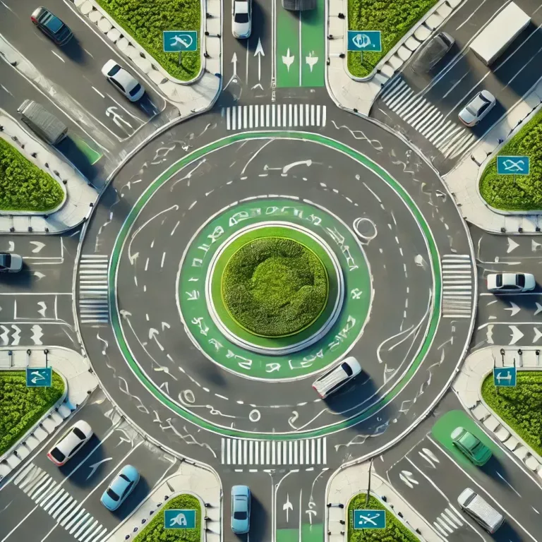 Vue aérienne d’un rond-point avec des véhicules en mouvement, marquages au sol et panneaux de signalisation.