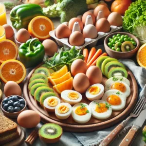 Un assortiment d'œufs préparés de différentes manières, accompagné de fruits et légumes riches en vitamine C.