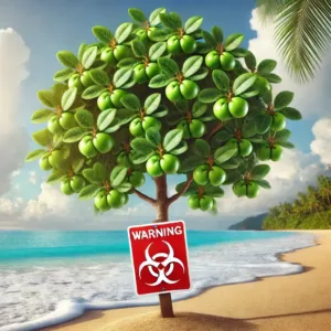 Un mancenillier toxique sur une plage tropicale avec un panneau d'avertissement rouge.